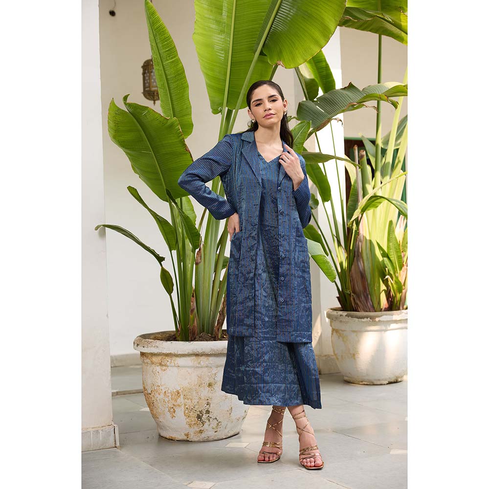 Raas Life Navy Blue Koki Stripes Dress with Jacket (Set of 2)