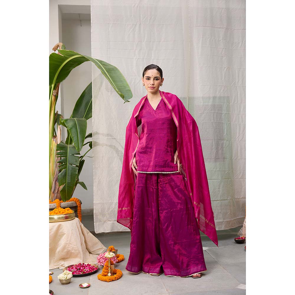 Raas Life Amala Magenta Zari Chanderi Kurta with Palazzo and Dupatta (Set of 2)