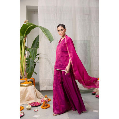 Raas Life Amala Magenta Zari Chanderi Kurta with Palazzo and Dupatta (Set of 2)