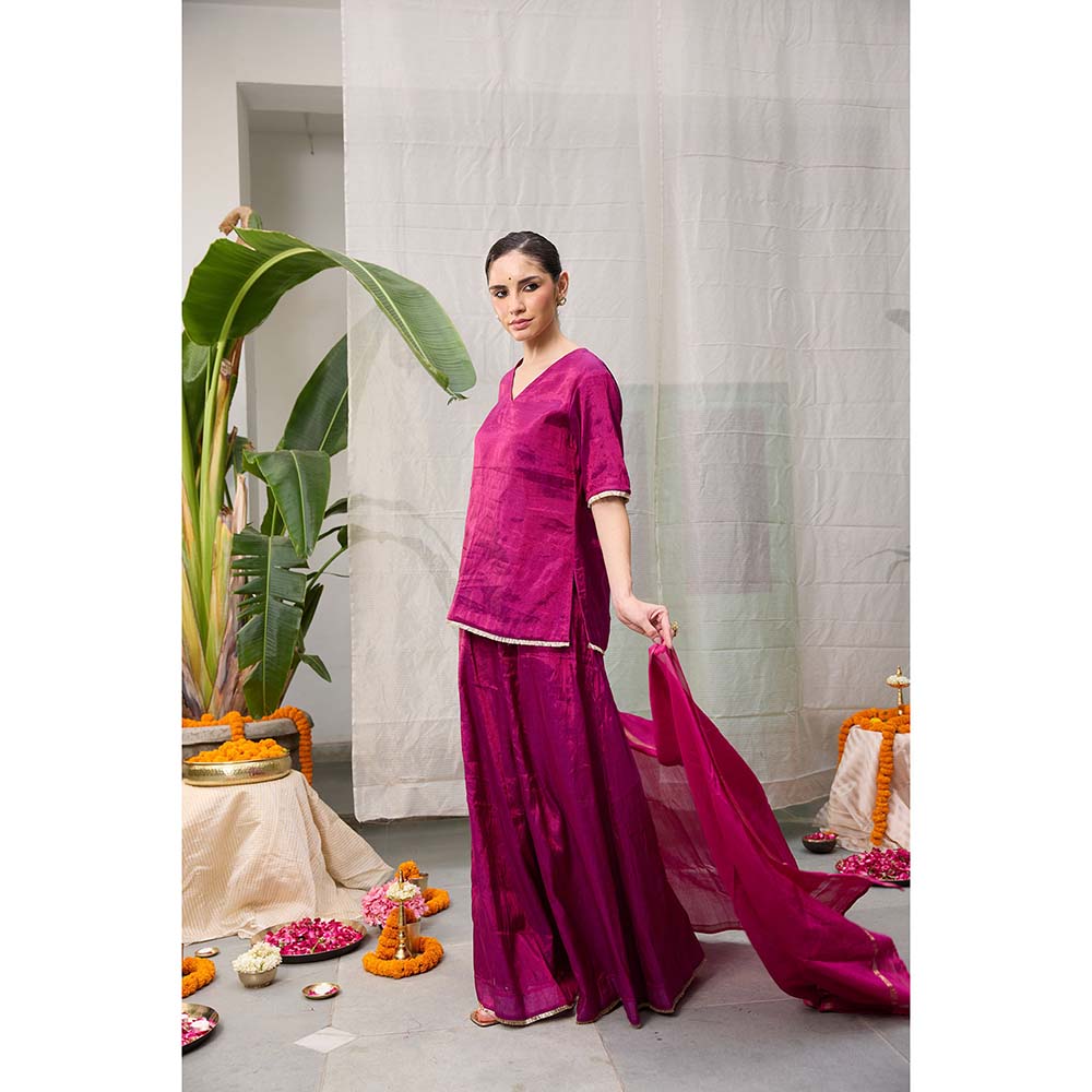 Raas Life Amala Magenta Zari Chanderi Kurta with Palazzo and Dupatta (Set of 2)