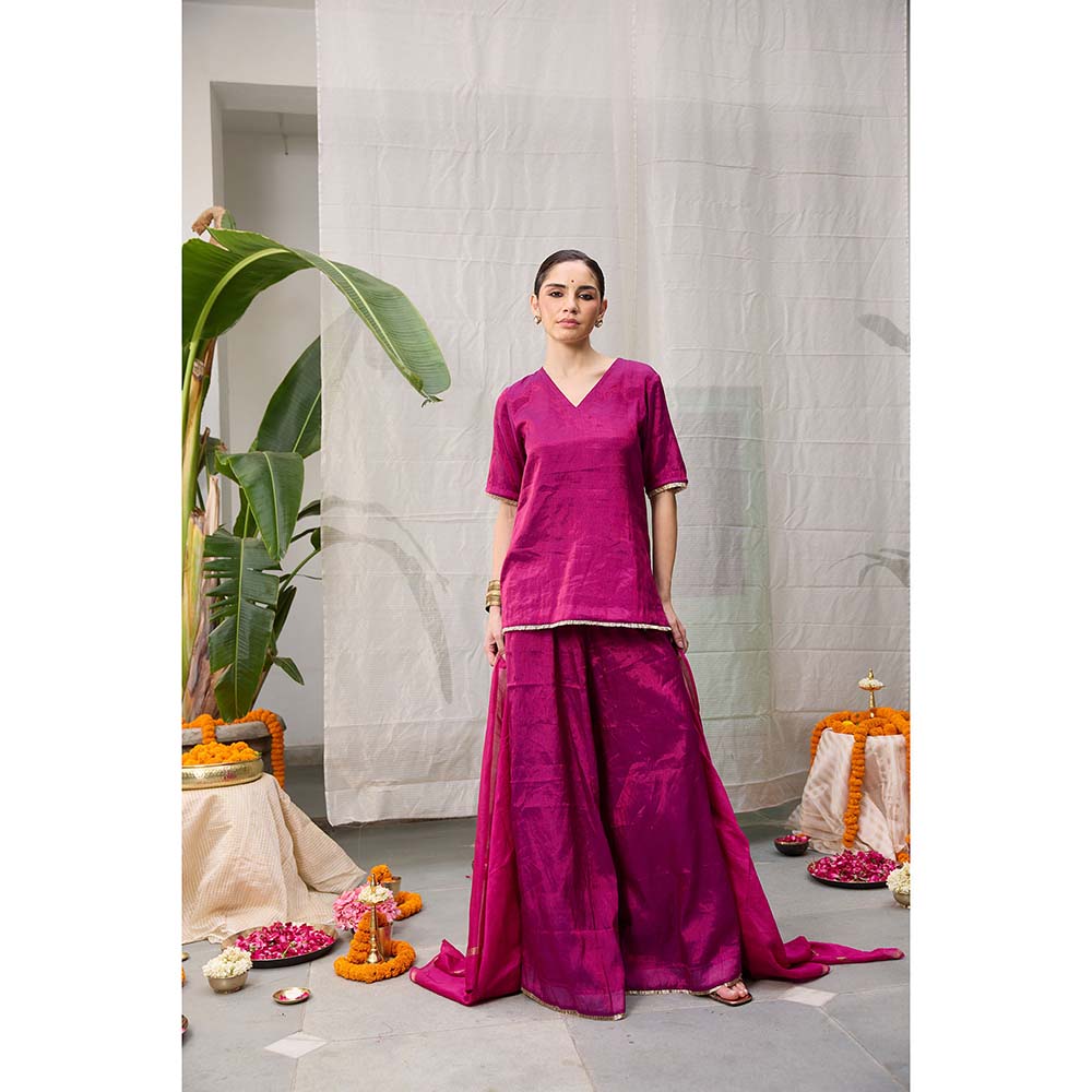 Raas Life Amala Magenta Zari Chanderi Kurta with Palazzo and Dupatta (Set of 2)