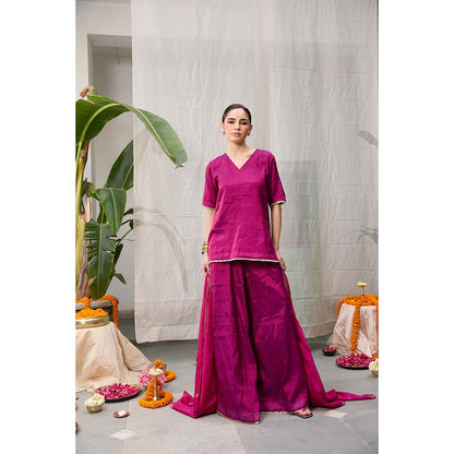 Raas Life Amala Magenta Zari Chanderi Kurta with Palazzo and Dupatta (Set of 2)