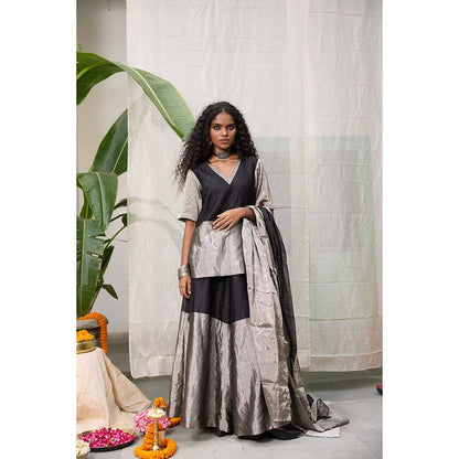 Raas Life Amala Black Zari Chanderi Kurta with Palazzo and Dupatta (Set of 2)