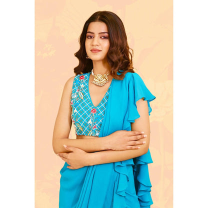 Rabnoor K Sethi Blue Ruffled Draped Saree with Stitched Blouse