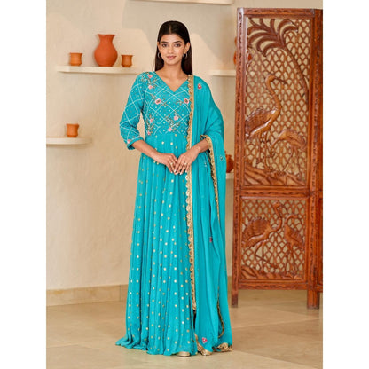 Rabnoor K Sethi Blue All Over Embellished Beaded Anarkali with Pant and Dupatta (Set of 3)