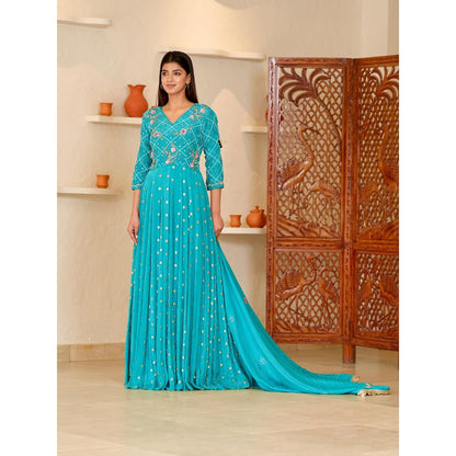 Rabnoor K Sethi Blue All Over Embellished Beaded Anarkali with Pant and Dupatta (Set of 3)