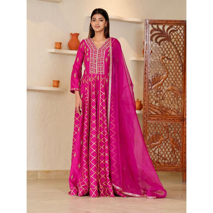 Rabnoor K Sethi Pink Zardozi and Hand Embroidered Anarkali with Pant and Dupatta (Set of 3)