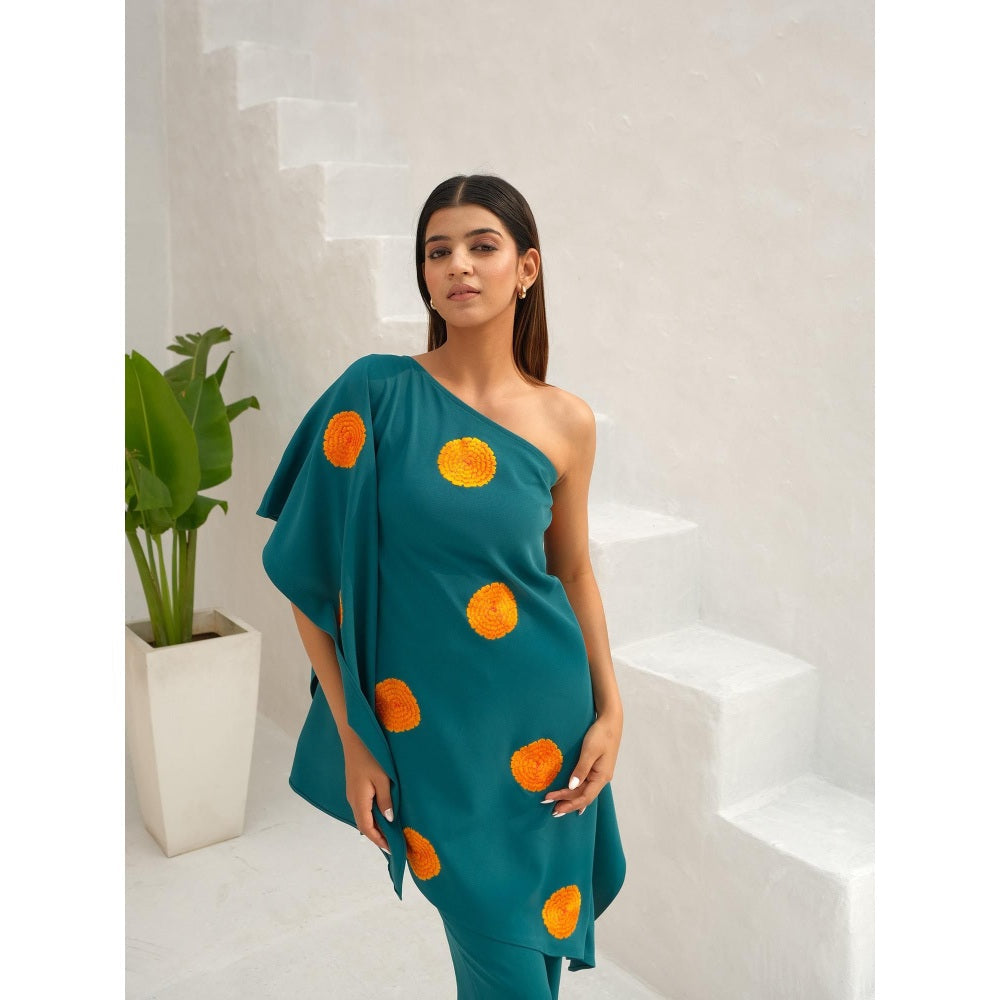 Rabnoor K Sethi Teal Green Floral Embroidered Co-Ord (Set of 2)