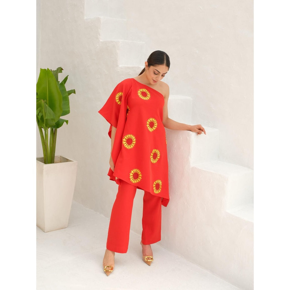 Rabnoor K Sethi Orange-Tangerine Orange Sunflower Embroidered Kaftan with Pant (Set of 2)