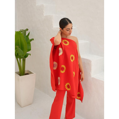 Rabnoor K Sethi Orange-Tangerine Orange Sunflower Embroidered Kaftan with Pant (Set of 2)