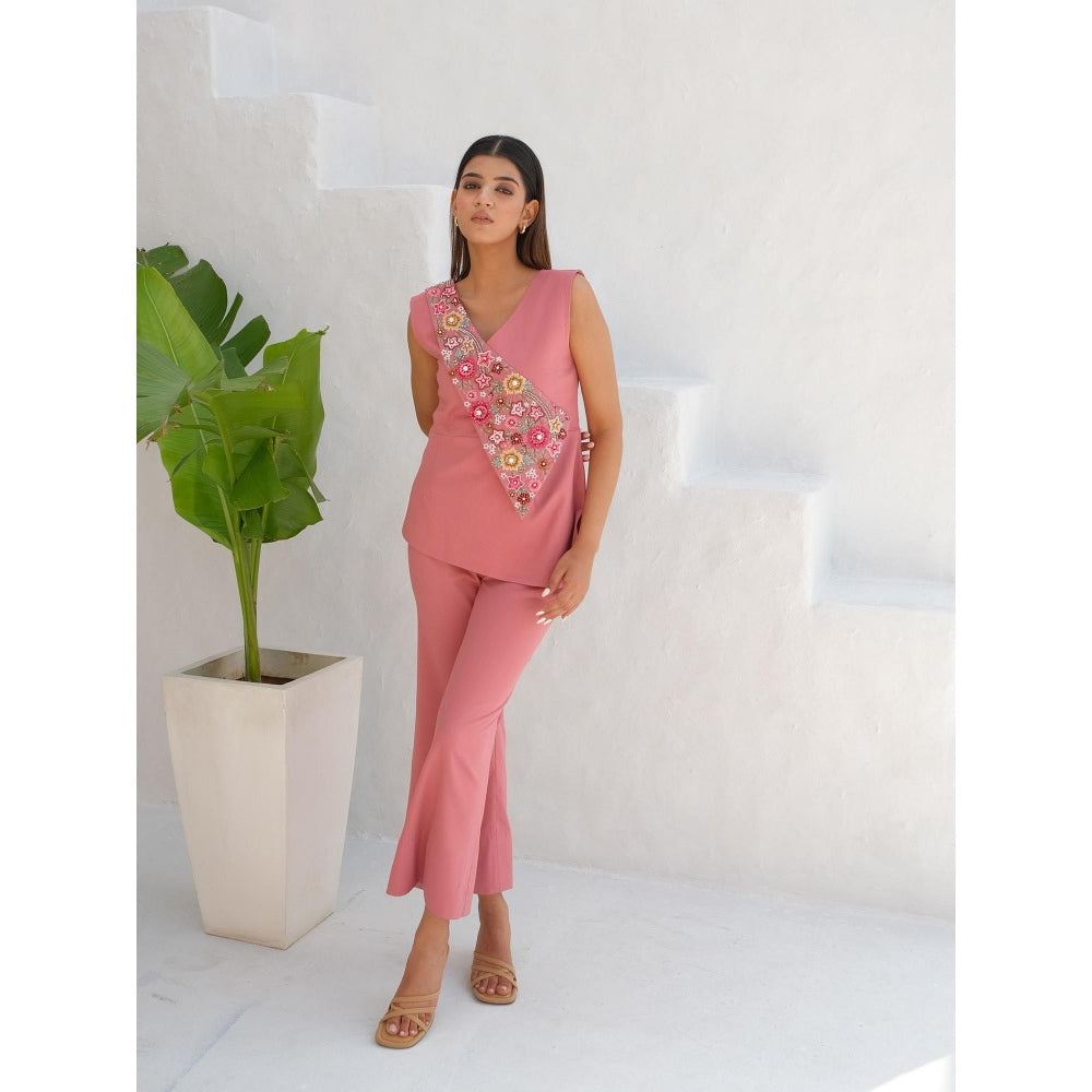 Rabnoor K Sethi Pink Overlapping Embroidered Flap Co-Ord (Set of 2)
