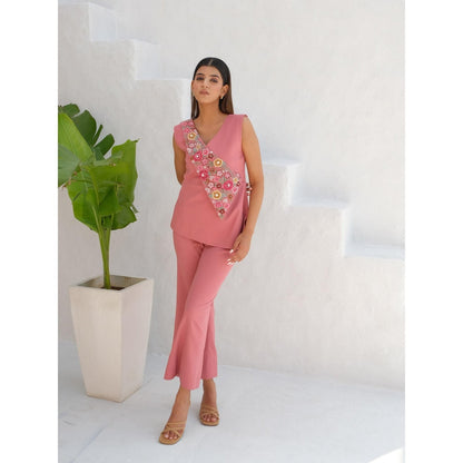 Rabnoor K Sethi Pink Overlapping Embroidered Flap Co-Ord (Set of 2)