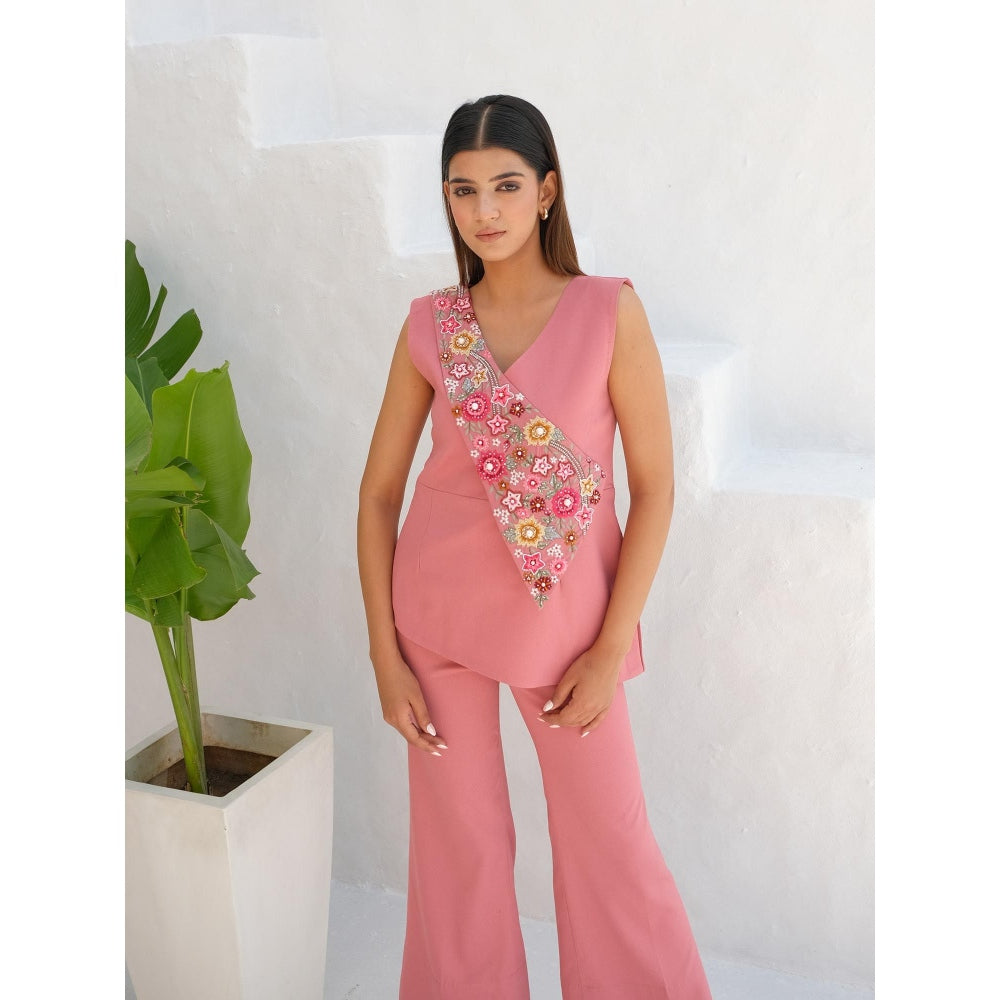 Rabnoor K Sethi Pink Overlapping Embroidered Flap Co-Ord (Set of 2)