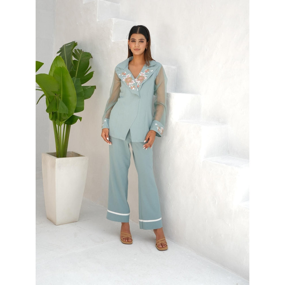 Rabnoor K Sethi Blue Embellished Peaked lapel Top with Pant (Set of 2)