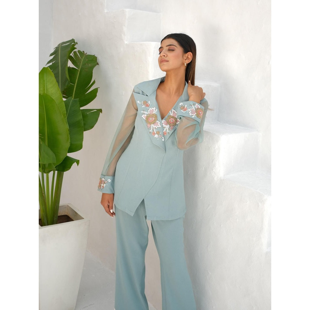 Rabnoor K Sethi Blue Embellished Peaked lapel Top with Pant (Set of 2)