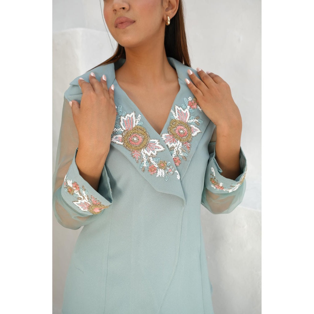 Rabnoor K Sethi Blue Embellished Peaked lapel Top with Pant (Set of 2)