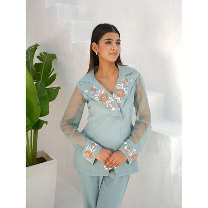 Rabnoor K Sethi Blue Embellished Peaked lapel Top with Pant (Set of 2)