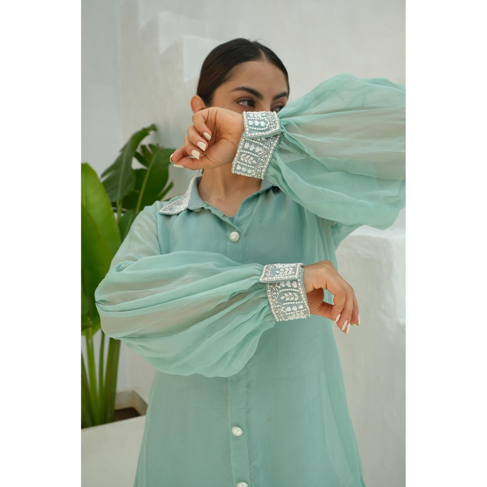 Rabnoor K Sethi Blue Organza Embroidered Shirt with Slip and Pant (Set of 3)