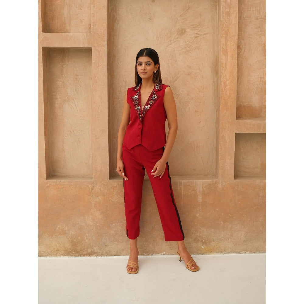 Rabnoor K Sethi Red Embellished Waist Coat with Pant (Set of 2)