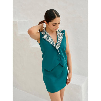 Rabnoor K Sethi Teal Blue Pearl Embellished Waist Coat with Skirt (Set of 2)