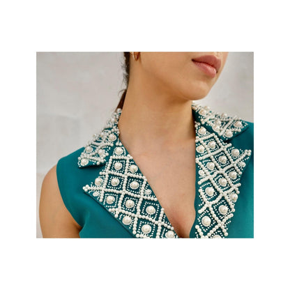 Rabnoor K Sethi Teal Blue Pearl Embellished Waist Coat with Skirt (Set of 2)