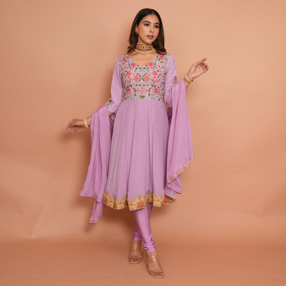 Rabnoor K Sethi Lavender Anarkali with Churidar and Dupatta (Set of 3)