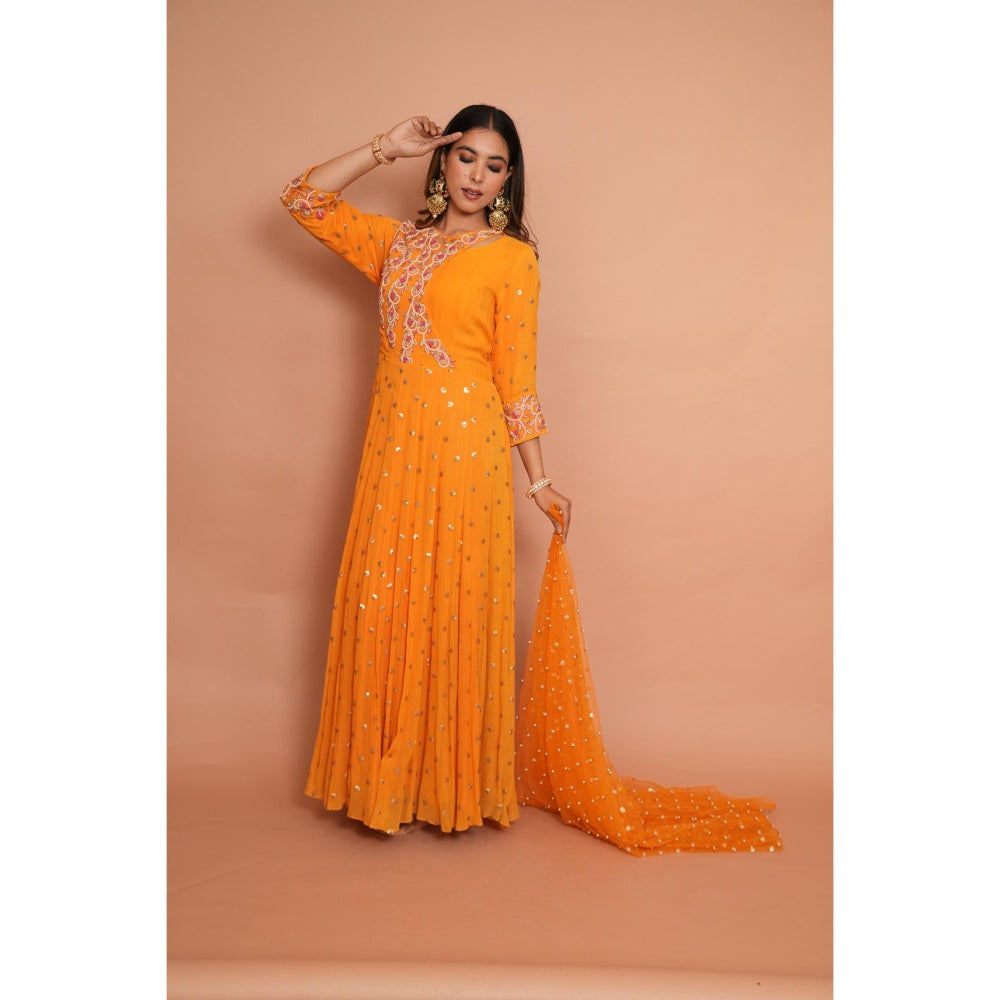 Rabnoor K Sethi Orange Heavy Embroidered Anarkali with Dupatta (Set of 2)