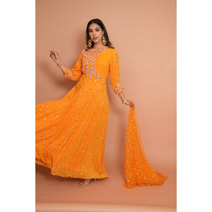 Rabnoor K Sethi Orange Heavy Embroidered Anarkali with Dupatta (Set of 2)
