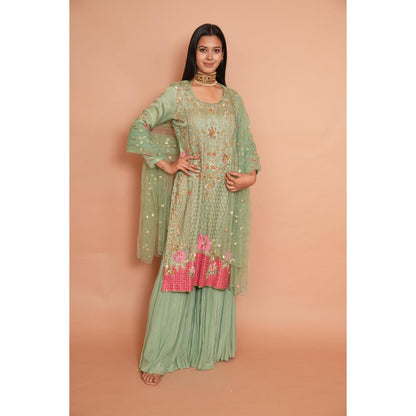 Rabnoor K Sethi Sea Green Embroidered Sharara with Kurta and Dupatta (Set of 3)