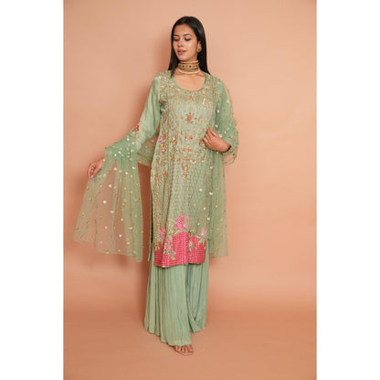 Rabnoor K Sethi Sea Green Embroidered Sharara with Kurta and Dupatta (Set of 3)