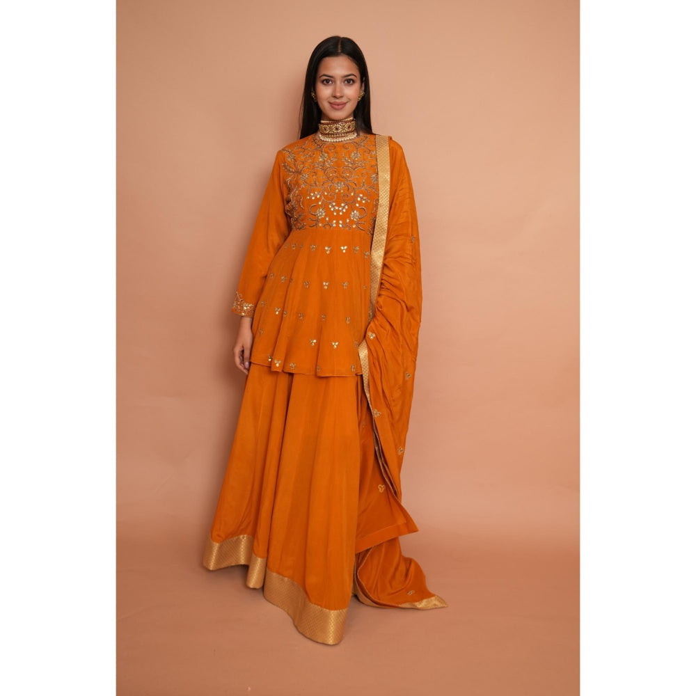 Rabnoor K Sethi Mustard Heavy Embroidered Short Anarkali with Lehenga and Dupatta (Set of 3)