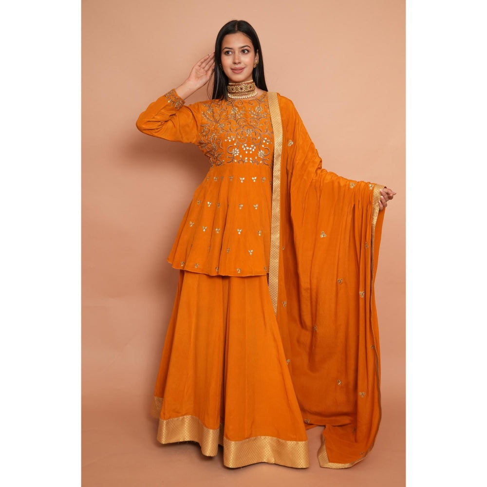 Rabnoor K Sethi Mustard Heavy Embroidered Short Anarkali with Lehenga and Dupatta (Set of 3)