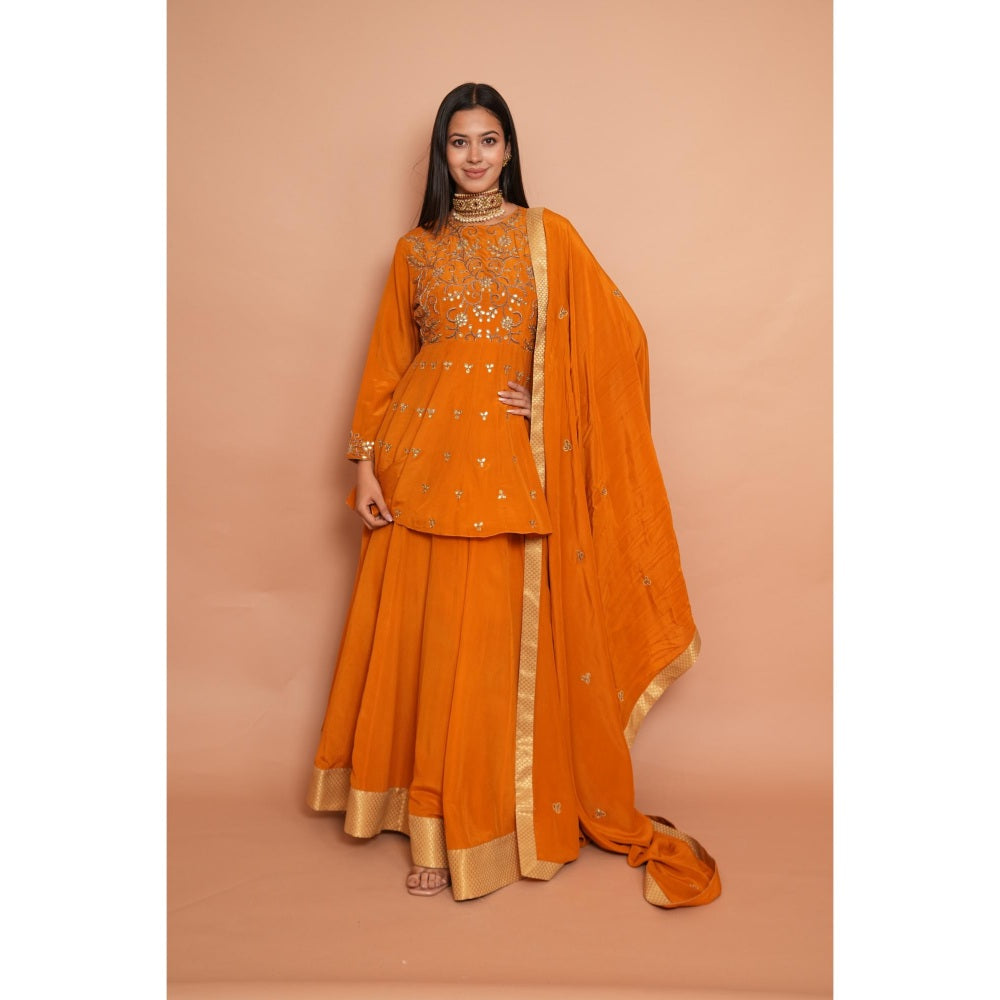 Rabnoor K Sethi Mustard Heavy Embroidered Short Anarkali with Lehenga and Dupatta (Set of 3)