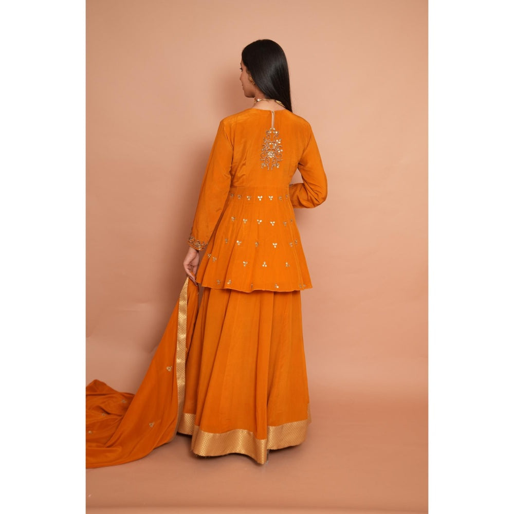 Rabnoor K Sethi Mustard Heavy Embroidered Short Anarkali with Lehenga and Dupatta (Set of 3)