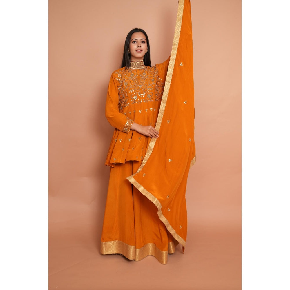 Rabnoor K Sethi Mustard Heavy Embroidered Short Anarkali with Lehenga and Dupatta (Set of 3)