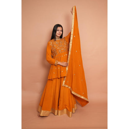 Rabnoor K Sethi Mustard Heavy Embroidered Short Anarkali with Lehenga and Dupatta (Set of 3)