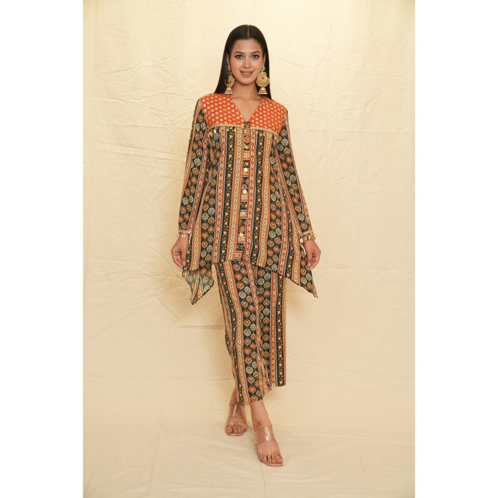 Rabnoor K Sethi Bottle Green Printed Asymmetrical Co-Ord (Set of 2)