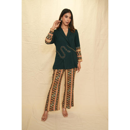 Rabnoor K Sethi Bottle Green Lapel Collar Blazer with Pant (Set of 2)