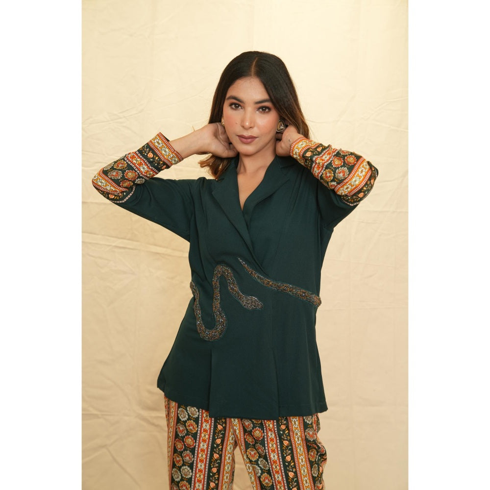 Rabnoor K Sethi Bottle Green Lapel Collar Blazer with Pant (Set of 2)