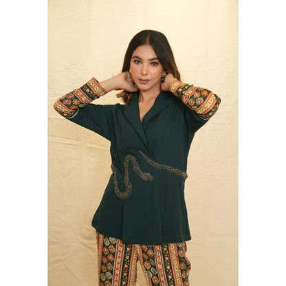Rabnoor K Sethi Bottle Green Lapel Collar Blazer with Pant (Set of 2)