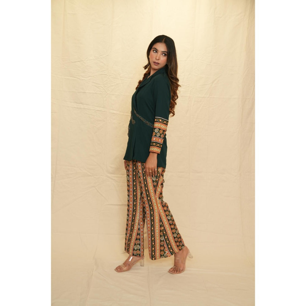 Rabnoor K Sethi Bottle Green Lapel Collar Blazer with Pant (Set of 2)