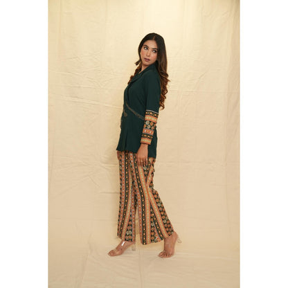 Rabnoor K Sethi Bottle Green Lapel Collar Blazer with Pant (Set of 2)