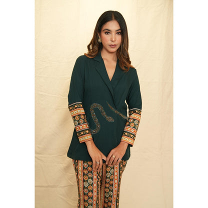 Rabnoor K Sethi Bottle Green Lapel Collar Blazer with Pant (Set of 2)