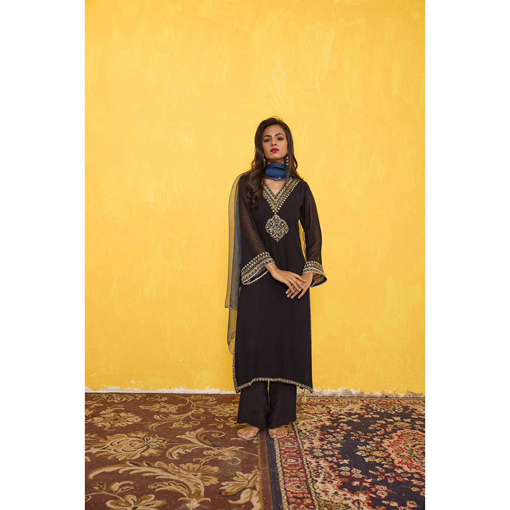 Radha Sharma Georgette Gold and Pearl Handwork Kurta with Palazzo and Dupatta (Set of 3)