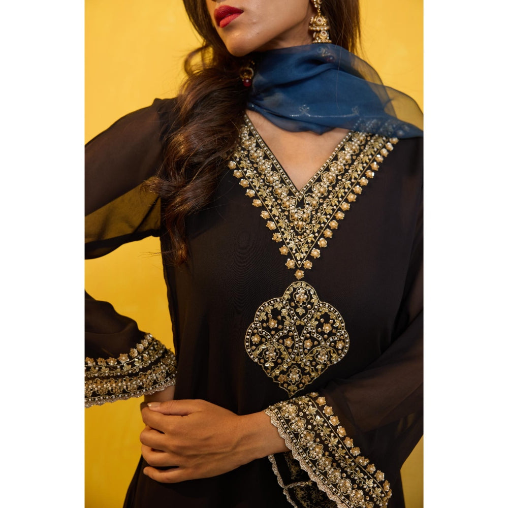 Radha Sharma Georgette Gold and Pearl Handwork Kurta with Palazzo and Dupatta (Set of 3)
