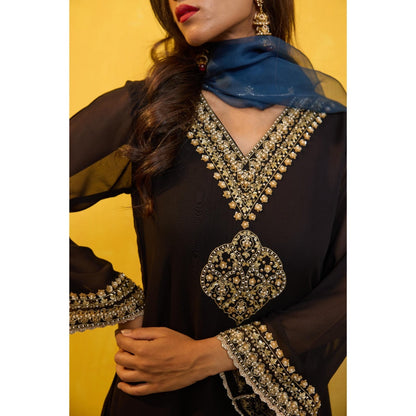 Radha Sharma Georgette Gold and Pearl Handwork Kurta with Palazzo and Dupatta (Set of 3)