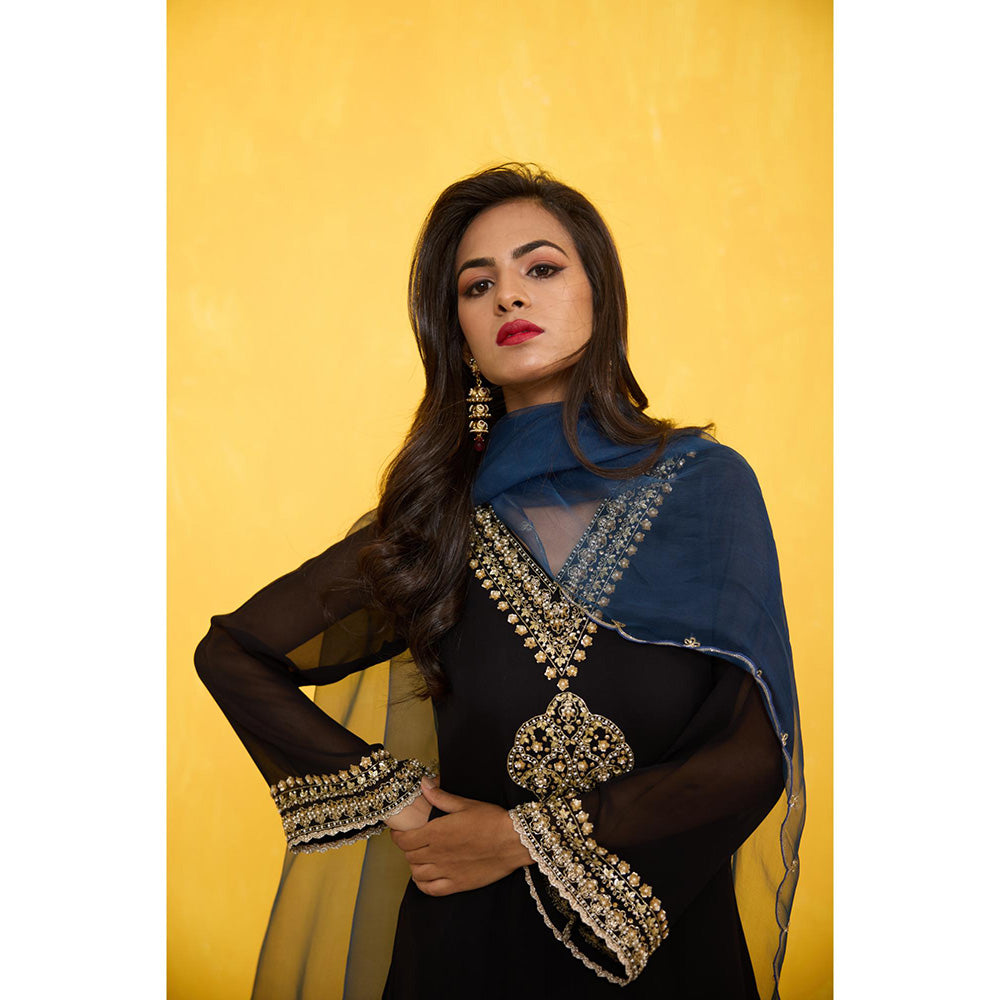 Radha Sharma Georgette Gold and Pearl Handwork Kurta with Palazzo and Dupatta (Set of 3)