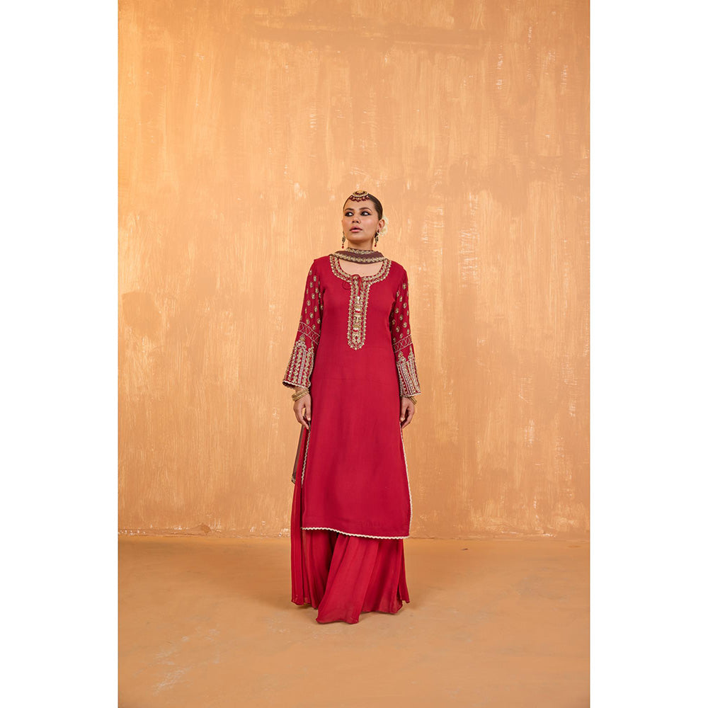 Radha Sharma Pink Georgette Gold and Pearl Handwork Kurta with Palazzo and Dupatta (Set of 3)
