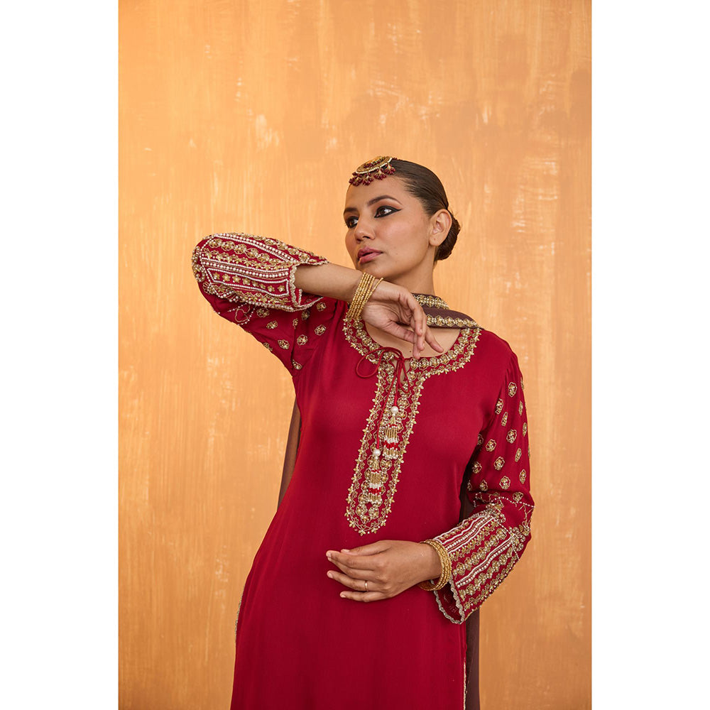 Radha Sharma Pink Georgette Gold and Pearl Handwork Kurta with Palazzo and Dupatta (Set of 3)