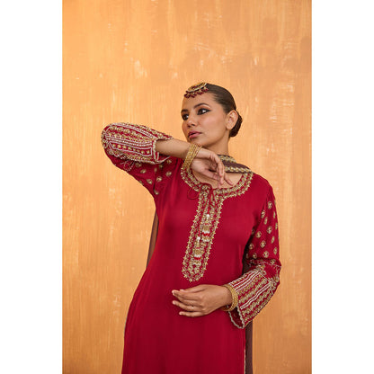 Radha Sharma Pink Georgette Gold and Pearl Handwork Kurta with Palazzo and Dupatta (Set of 3)